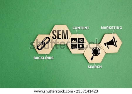 hexagon with the letter SEM and its associated icon. marketing, search, content and backlinks. Search Engine Marketing infographics.