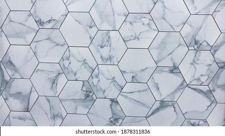 Hexagon Marble Or Granite Tiles Newly Installed On The Kitchen Backsplash, Modern Design Of Gray And White Porcelain Flooring Tiles And It Can Be Install On Shower Walls Or Floors. Showroom Detail.