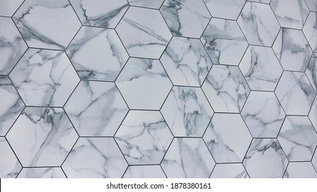 Hexagon Marble Or Granite Tiles Newly Installed On The Kitchen Backsplash, Modern Design Of Gray And White Porcelain Flooring Tiles And It Can Be Install On Shower Walls Or Floors. Showroom Detail.