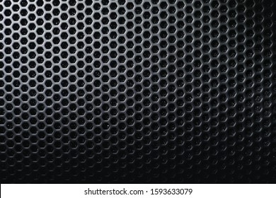 Hexagon Mesh Grill Metal Shading With Holes Texture Background, Geometric Pattern, Steel Materials Of Speaker Cover In Black And White Tone