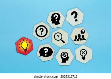 Hexagon with a query icon or problematic with an idea icon. concept idea