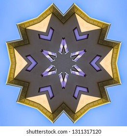 Hexagon Star Made With A Real Estate Photo. Geometric Kaleidoscope Pattern On Mirrored Axis Of Symmetry Reflection. Colorful Shapes As A Wallpaper For Advertising Background Or Backdrop.