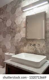 Hexagon Wall Tile Bathroom With Modern Vanity And Mirror