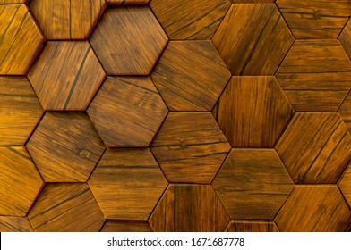 Hexagon Of Wood Pattern Background. Old Wooden Texture In Honeycomb Form Of Tiles, Consisting Of A Set Of Hexagonal Plates