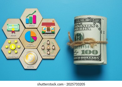 Hexagon wood shape with financial instrument and option together fake money insight. Learn to invest and growth the income concept