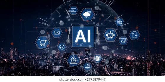 Hexagonal AI ecosystem connects cloud, fintech, commerce and communication services, highlighting secure integration, analytics and automated workflows for digital enterprises. Corpus