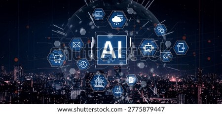 Hexagonal AI ecosystem connects cloud, fintech, commerce and communication services, highlighting secure integration, analytics and automated workflows for digital enterprises. Corpus