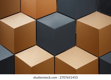 Hexagonal blocks in warm and cool tones create an engaging wall design in a modern interior space