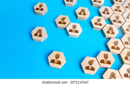 Hexagonal Figures Of Business People. Hiring New Employees And Recruiting Staff. Society And Social Groups. Public Relations. Human Resources. Personnel Management. Find Candidate For An Open Role Job