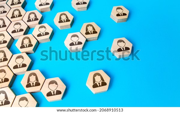 Hexagonal figures of business people. Hiring\
new employees and recruiting staff. Find candidate for an open role\
job. Society and social groups. Public relations. Human resources.\
Personnel management