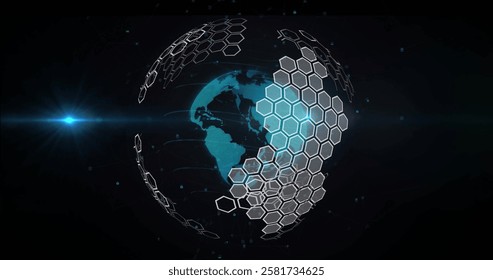 Hexagonal grid image forming over rotating globe on dark background. Technology, digital, futuristic, mapping, 3D, rotation