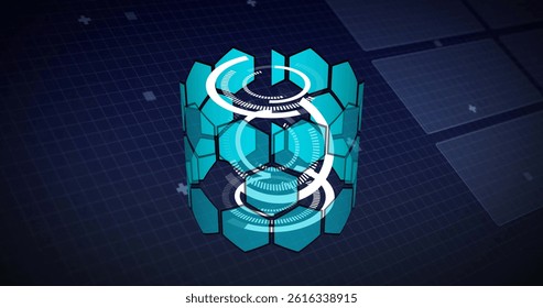 Hexagonal panel cylinder is floating in 3D render over grid with white rings for data visualization. Futuristic, technology, data, abstract, interface, visualization, digital