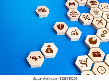 Hexagonal shapes with business attributes are collected into a single structure. The recipe for a successful business model. Make a new company. Management and development. New turquoise paradigm - Shutterstock ID 1829885108