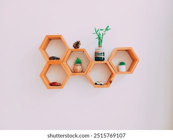 Hexagonal Wooden Shelves with decorations