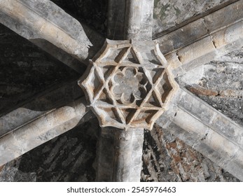 Hexagram (Star of David) and flower decorative keystone of a vaulted ceiling of the interior of Chateau de Foix, medieval castle in Ariège, Occitanie (Midi-Pyrenees) southwest France - Powered by Shutterstock