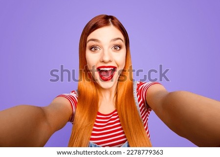 Hey how are you there Close up studio photo portrait of pretty funny funky cute surprised shocked with open mouth lady taking making selfie isolated bright shinny vivid background