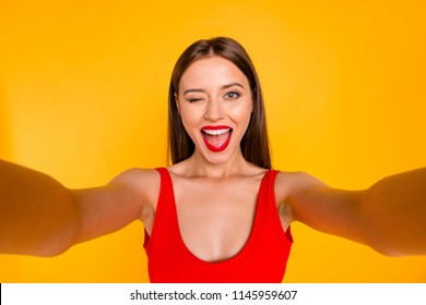 Hey There! Closeup Portrait Of Beautiful Pretty Charming Rejoicing Joking Cute Beautiful Stunning Funky Funny Comedian Comic Lady Taking Making Selfie Isolated Bright Background