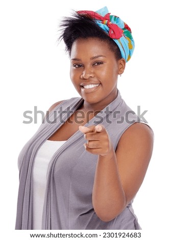 Hey you, black woman and pointing portrait in a studio with happiness and confidence. White background, African female person and model with positive and emoji hand with choice and accountability