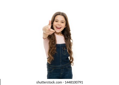 Hey You. Girl Long Hair Cheerful Pointing Forward. Child Pointing Camera Isolated White Background. Kid Pointing At You Index Finger. Communication Concept. Happy Childhood. Join My School Club.