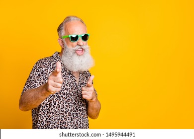 Hey You! Portrait Of Funky Old Bearded Man In Eyeglasses Eyewear  Feel Cool Crazy Point At You  Wearing Leopard Shirt Isolated Over Yellow Background