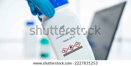 HF hydrofluoric acid CAS 7664-39-3 chemical substance in white plastic laboratory packaging