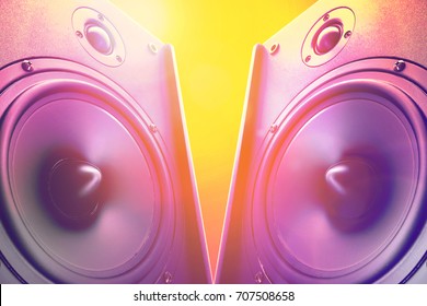 Hi End Loudspeakers. Party Design Element With Speaker. Audio Equipment For Home Theater. Speakers Boxes Audio Music Concert. Audio Stereo System.