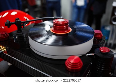 Hi Fi Turntable Playing Record With Music. Audiophile Turn Table Player For Music Lover. Listen To Classic Music In High Fidelity With Turntables