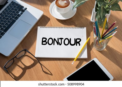 Hi Greet  Hi Bonjour Ciao Hola Hello Open Book On Table And Coffee Business