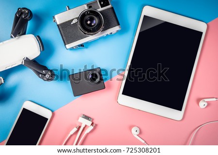 Hi tech Travel gadgets Videography device object with empty digital tablet screen Camera mobile phone, drone, action cam for application mock up and poster, for Technology Toys and Gadget concept.