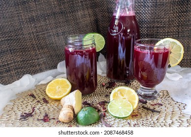 Hibiscus Drink Also Know As Soon, Bissau, Sobolo  Or Sorrel Leaves Drink Popular In Africa And The Caribbean 