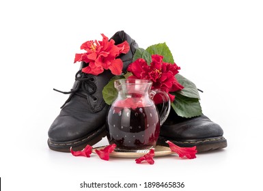 Hibiscus Extract Is Applied To The Shoes Isolated On White Background.