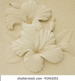 Hibiscus flower pattern on the walls, plaster, natural color.
