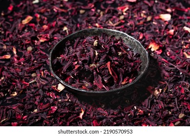 Hibiscus Tea. Dry Hibiscus Petals In A Bowl. Herbal Vitamin Tea. 