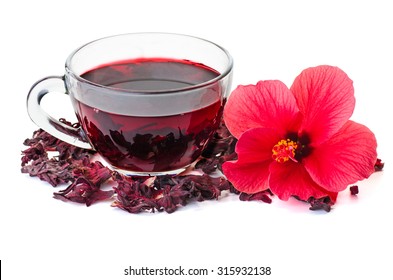 Hibiscus tea,  flower and dry blossom isolated on white background