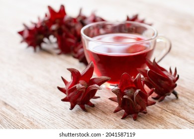 Hibiscus tea in a glass cup and fresh red jamaica flowers (roselle, rosella) on wooden table background.