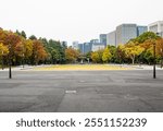 Hibiya Park, empty square without people and coloured trees at the grand fountain outdoor in the park in Chiyoda city in Tokyo during autumn in fall season in Japan.