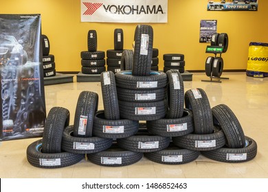 HICKORY, NC, USA-25 JUNE 2018: An Interesting Display Of Auto Tires, Mostly Hankook Brand, On The Floor Of A Tire And Auto Repair Shop, A Mr. Tire Store.