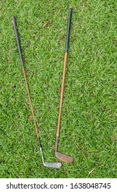 Hickory Shafted Vintage Golf Clubs Isolated Outdoors Image With Copy Space