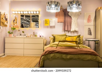 Hicksville, United States - December 11, 2021: Interior Bedroom design in Ikea.  Ikea is a furniture retail company that sells furniture, kitchen appliances and home accessories.