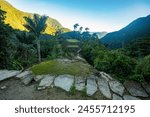 Hidden ancient ruins of Tayrona civilization Ciudad Perdida in the heart of the Colombian jungle Lost city of Teyuna. Santa Marta, Sierra Nevada mountains, Colombia wilderness