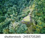 Hidden ancient ruins of Tayrona civilization Ciudad Perdida in the heart of the Colombian jungle. Aerial view from above. Lost city of Teyuna. Santa Marta, Sierra Nevada mountains, Colombia wilderness