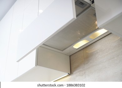 Hidden Built-in Hood. Kitchen Cooker Hood With Filter. Home Range Hood In Kitchen Furniture. Forced Ventilation To Clean The Kitchen From Odors.