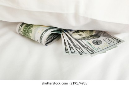 Hidden Money Under Pillow Close Up