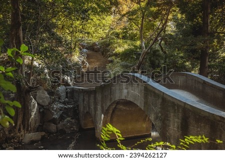 Hidden old stone bridge with stairs among trees in Tokyo's Arisugawa-no-miyapark. A picturesque blend of nature and history, creating a serene and timeless scene.