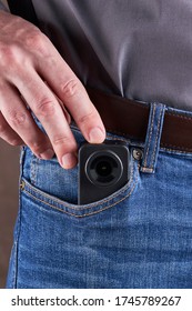 Hidden Photo Or Video Camera At Jeans Pocket. Harassment And Blog Concept.