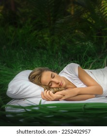 A hidden place. Sleeping woman in deep jungle forest lies on airbed - Shutterstock ID 2252402957