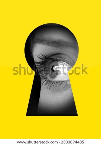 Hidden secrets concept. Human eye looking in keyhole