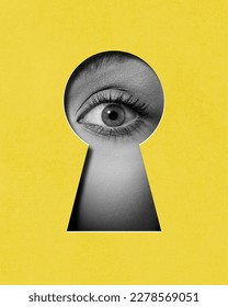 Hidden secrets. Female eye attentively looking into keyhole against yellow background. Contemporary art collage. Conceptual design. Concept of creativity, abstract art, imagination and inspiration.