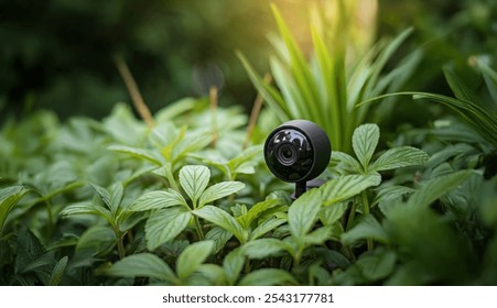 Hidden Small Security Camera Attached to Ground in Plants and Grass Background