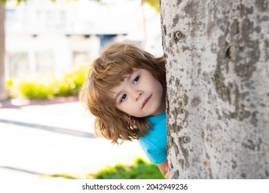 Hide and seek. Peekaboo. Little kid hide by tree. Kids vacation.